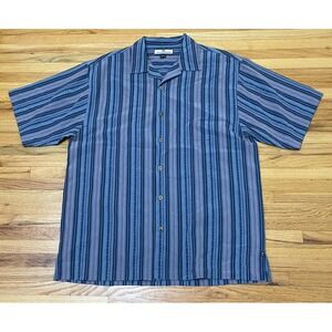 Tommy Bahama Button Up Shirt Men's M Blue Striped Beach Hawaiian Shirt 100% Silk